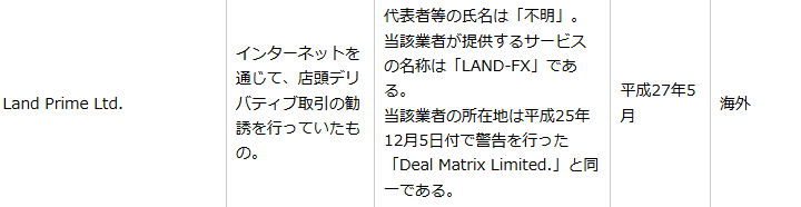 Land Primeは日本の金融庁から警告を受けている