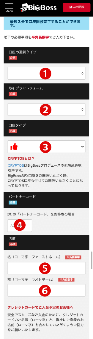 BigBoss(ビッグボス)の口座開設フォーム画面①